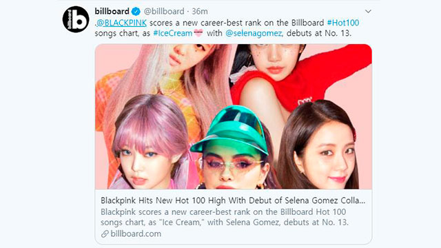 BLACKPINK、「Ice Cream」が米ビルボード「HOT100」で13位…K-POPガールズグループ最高記録